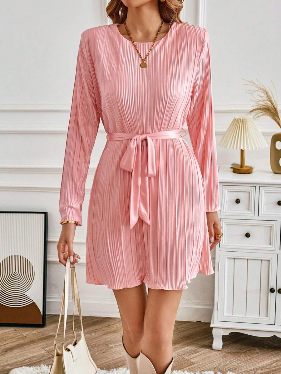 GENKIRA 素色腰帶褶皺繫腰帶洋裝 - 粉色 - 查看 1