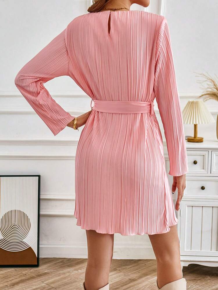 Solid Belted Plisse Belted Dress