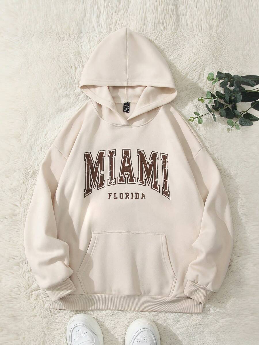 SHEIN Unity Áo nỉ có mũ trùm đầu họa tiết chữ cái thường ngày cho nữ, túio, mùa thu - Màu be - Xem 1