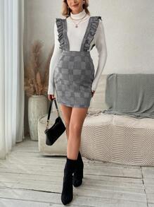 SHEIN 孕婦千鳥格印花荷葉邊背帶洋裝無毛衣 - 灰色 - 查看 5