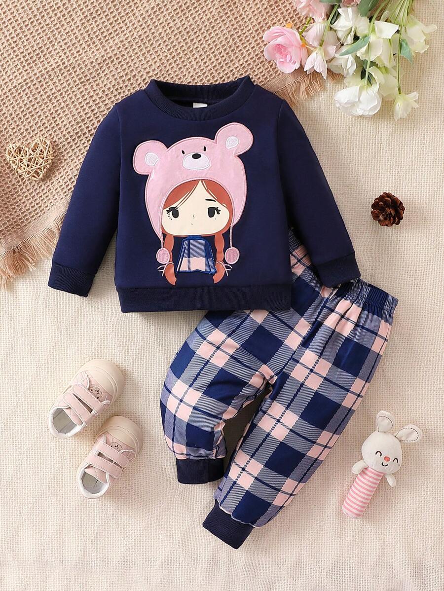 Baby Girl Cartoon Graphic Sweatshirt & Plaid Print Sweatpants - Multicolor - View 1