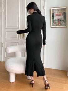 DAZY 素色小高領魚尾裙下擺洋裝 - 黑色 - 查看 2