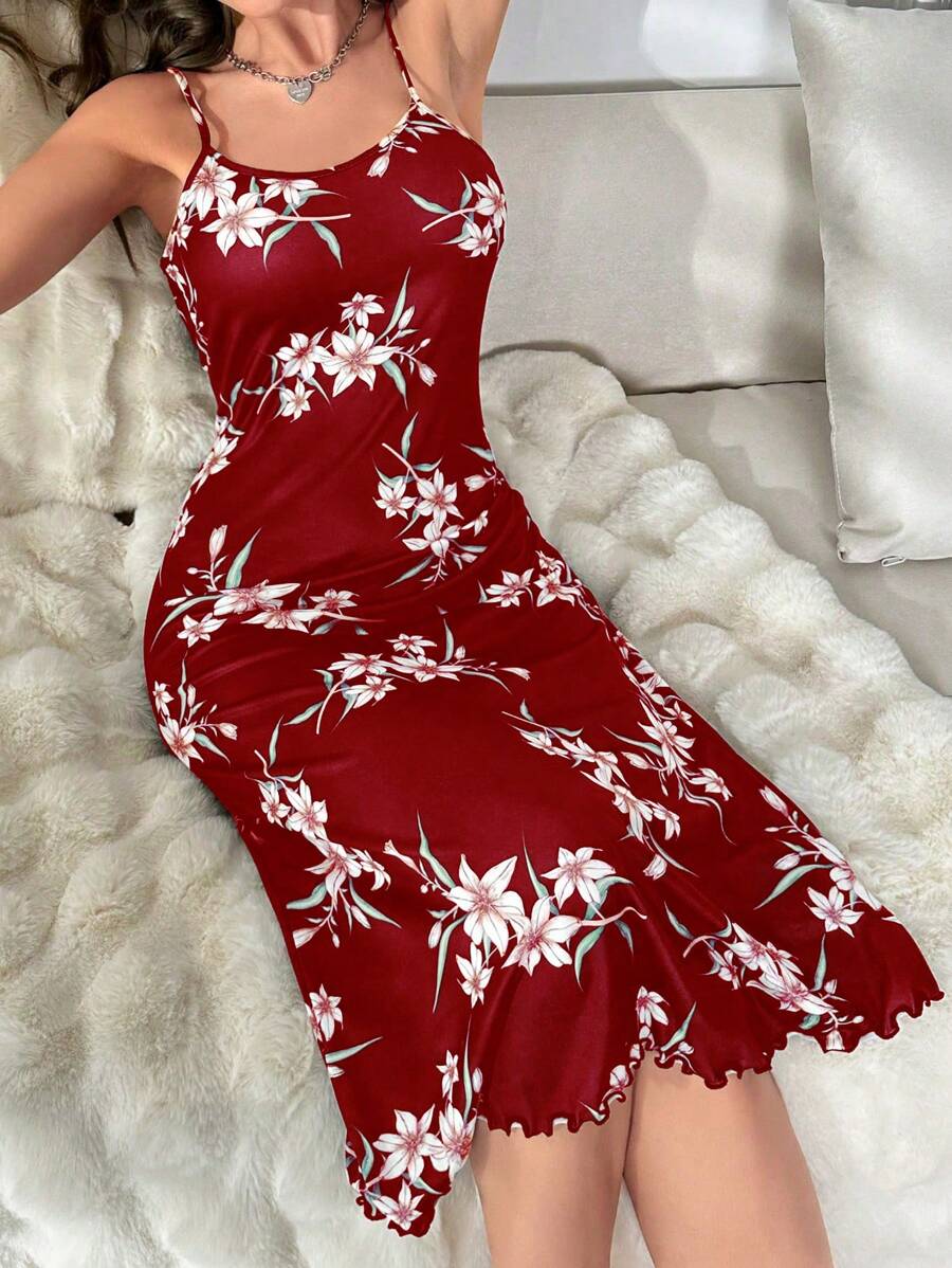Floral Print Lettuce Trim Cami Pajama Nightdress PerfectSummer - Red - View 1