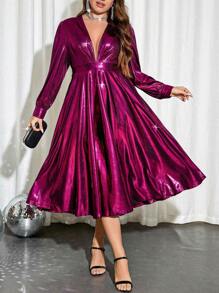 Allurite Plus Plunging Neck Metallic Dress - Purple - View 1