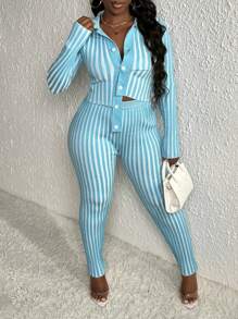 Slaydiva Striped Pattern Cardigan & Knit Pants - Multicolor - View 1