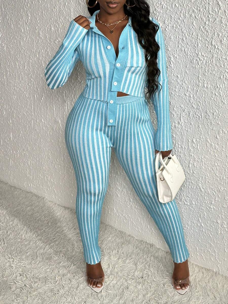 Slaydiva Striped Pattern Cardigan & Knit Pants - Multicolor - View 1