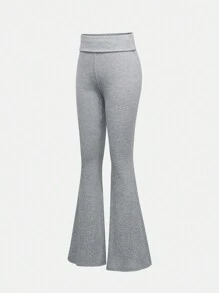 SHEIN Girlism 青少年女孩纯色罗纹腰喇叭休闲裤