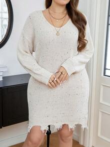 Celure Plus Drop Shoulder Distressed Sweater Dress