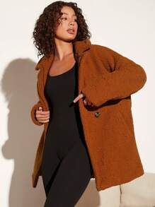 SHEIN BASICS 西裝領落肩袖絨毛外套 - 鏽棕色 - 查看 6