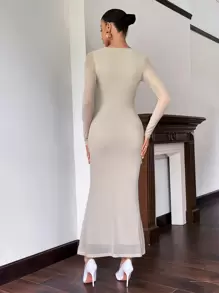 Firerie 垂領前扭結高衩洋裝 - 杏色 - 查看 2