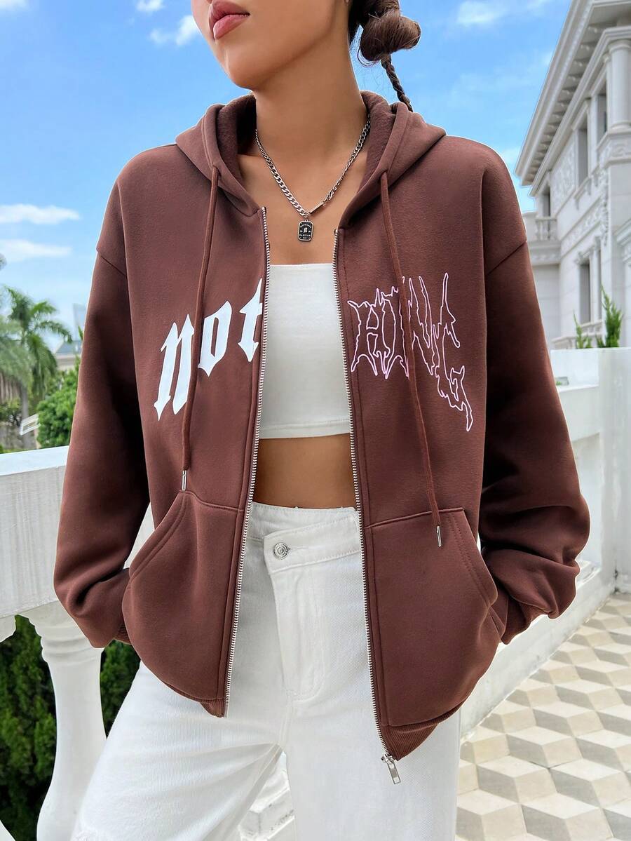 SHEIN Unity 女式休闲时尚街头字母印花落肩宽松拉链抽绳连帽羊毛运动衫，秋冬 - 棕色 - 查看 1