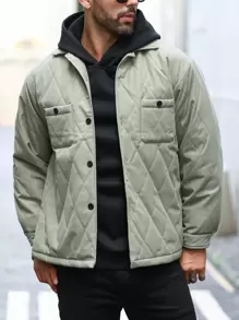 Manfinity Homme Men Flap Pocket Drop Shoulder Quilted Jacket - Army Green - View 4