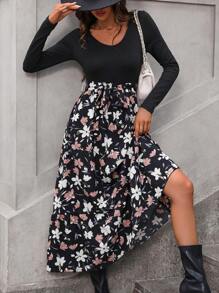 SHEIN EZwear 印花繫腰帶洋裝 - 彩色 - 查看 1