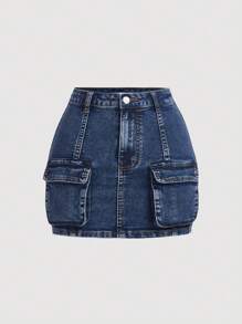 SHEIN Girlism Teen Girl Flap Pocket Denim Skirt