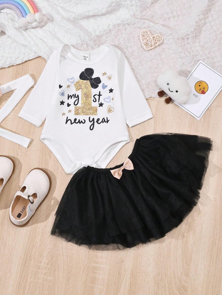 SHEIN 女嬰字母圖案連身背心&前蝴蝶結網紗覆蓋半身裙 - 黑與白 - 查看 1