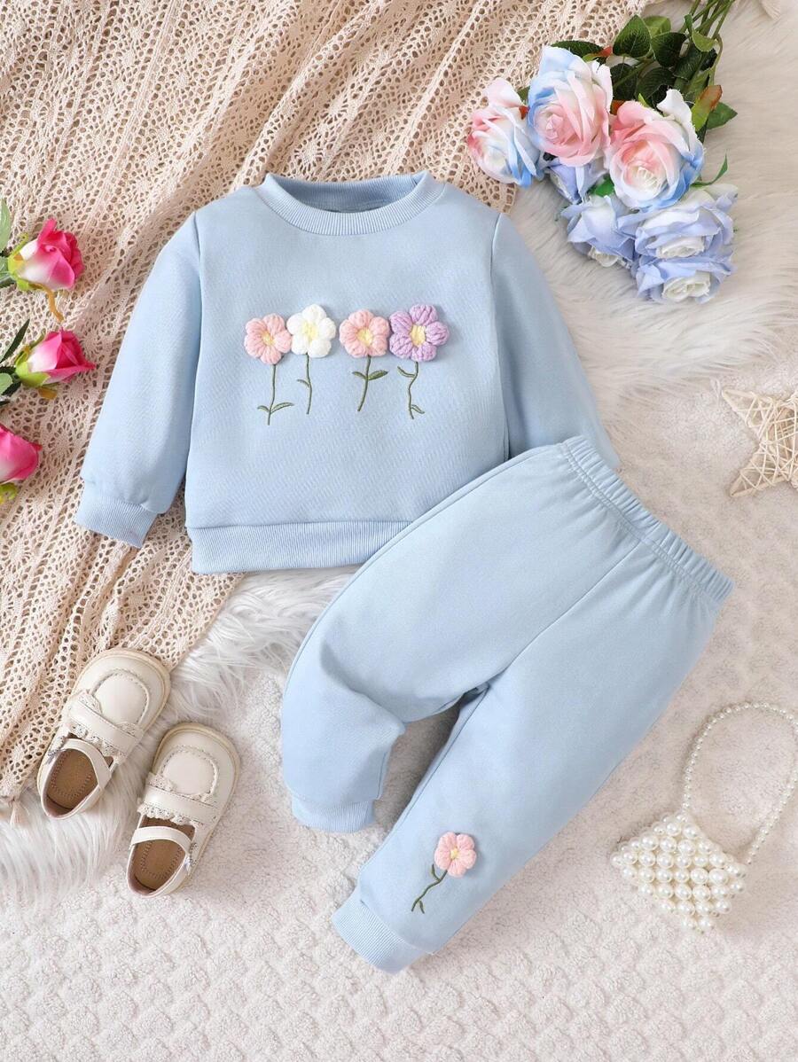 嬰兒女孩花卉圖案3D貼花長袖運動衫和長褲套裝,2入組,適用於秋冬 - 淺藍色 - 查看 1