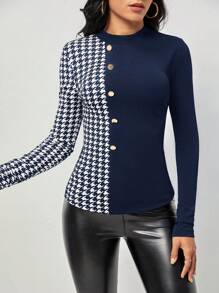 SHEIN Clasi 千鳥格印花紐扣細節T恤 - 藍白色 - 查看 6