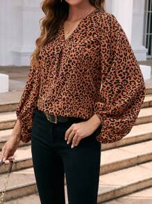 SHEIN Clasi Leopard Print Lantern Sleeve Blouse - Multicolor - View 4