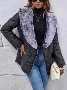 SHEIN LUNE Borg Collar Zip Up Padded Padded Coat Clothes Winter Fall Cloth For Women - Black - View 5