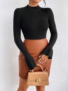 SHEIN Privé Flounce Sleeve Mock Neck Sweater - Black - View 6