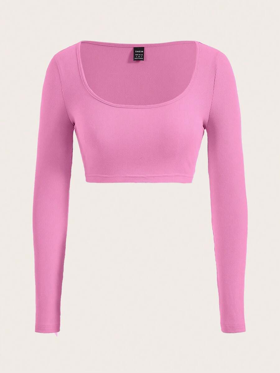 SHEIN BASICS Top crop de cuello scoop tejido de canalé - Rosa - Ver 1