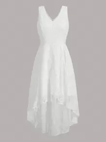 Chiquease Solid Lace High Low Hem Dress - White - View 1