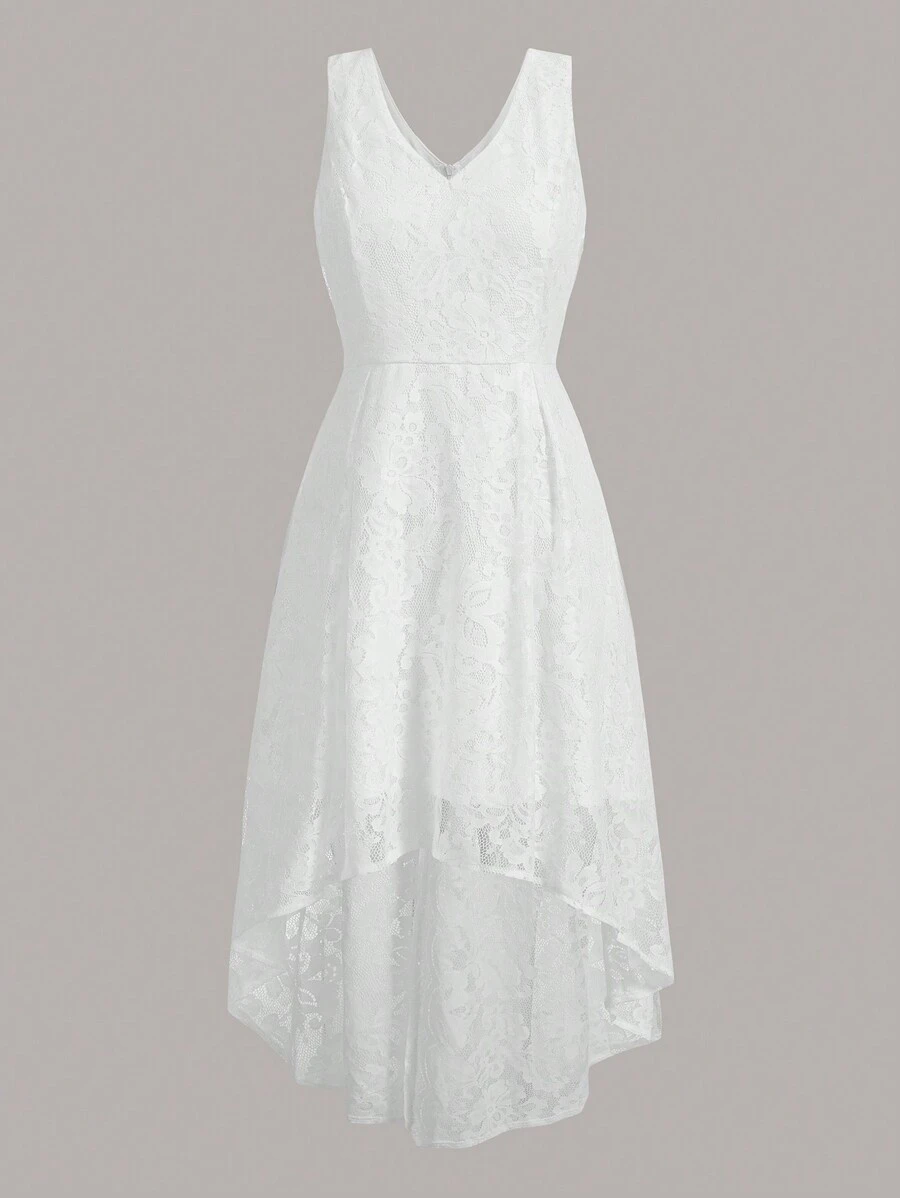 Chiquease Solid Lace High Low Hem Dress - White - View 1