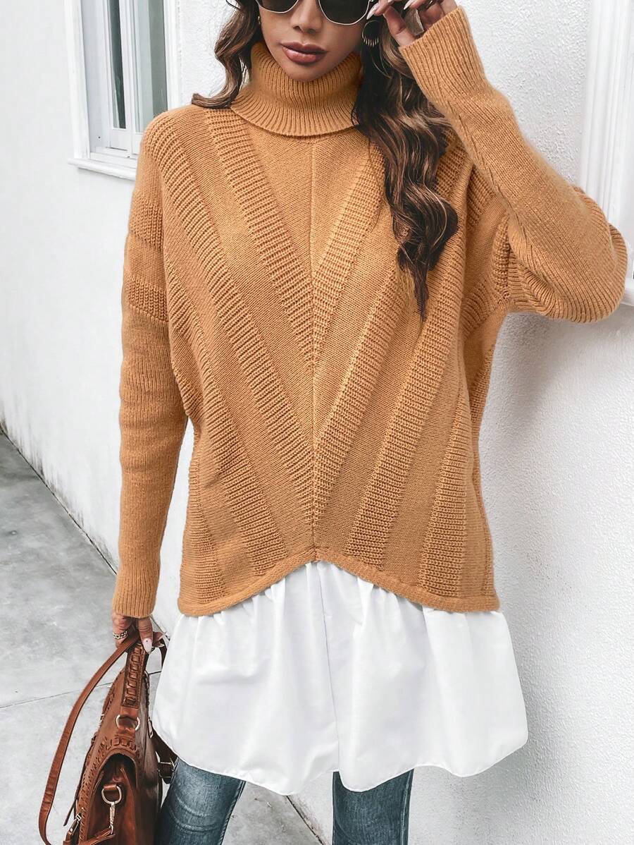 SHEIN Clasi 高领落肩二合一针织套头衫秋冬毛衣 - 彩色 - 查看 1