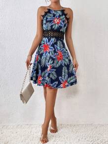 SHEIN Frenchy Women 24 Spring Dress Lace Splice Halter Neck Floral Print Vacation Summer A-Line Midi Dress With Waist Tie - Multicolor - View 5