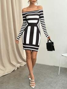 SHEIN Privé Striped Print Off Shoulder Bodycon Dress - Black and White - View 4
