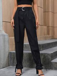 SHEIN Unity 高腰束帶翻蓋細部長褲 - 黑色 - 查看 1