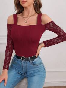 SHEIN Privé Ren tương phản Vai lạnh Áo - Màu Đỏ Sâu - Xem 4