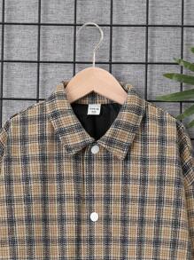 SHEIN Tween Boys' Casual Checkered Collar Thick Cardigan Jacket With Zipper, Woven Fabric