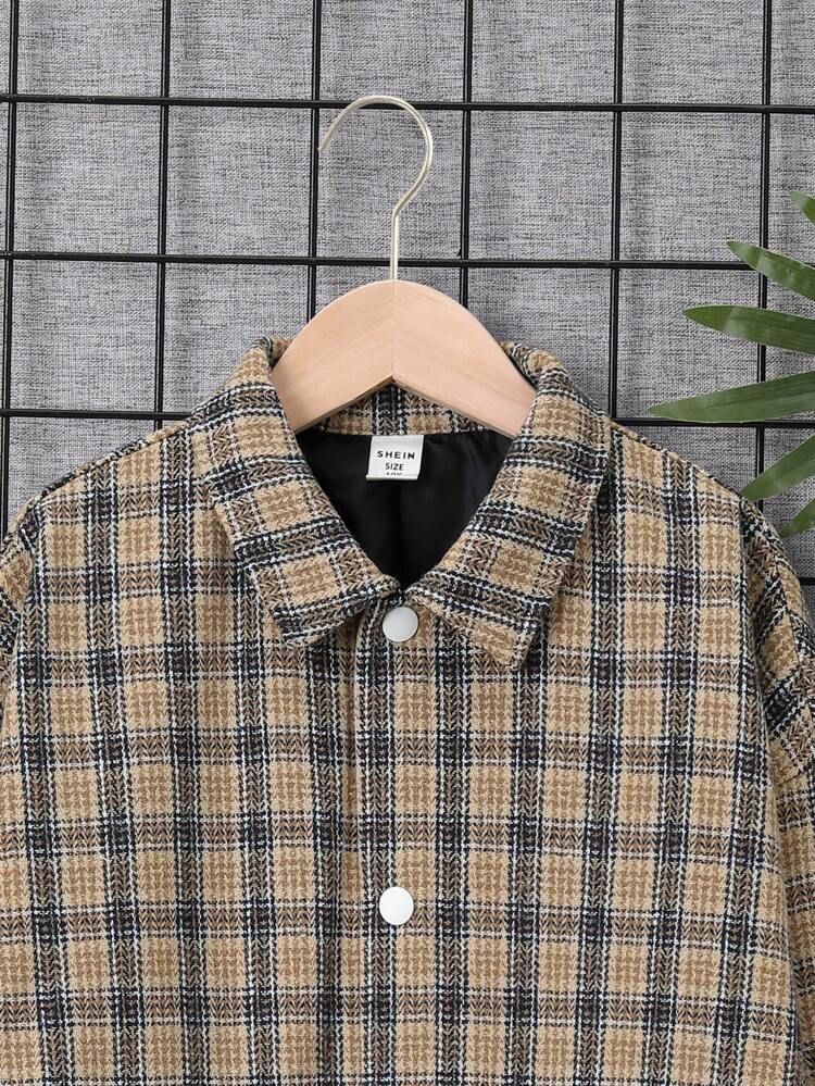 Tween Boys' Casual Checkered Collar Thick Cardigan Jacket With Zipper, Woven Fabric