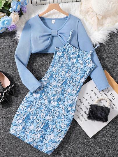 Tween Flicka Blommigt Mönster Linne Klänning & Superkort Topp