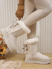 2023新款冬天厚底女性小腿中部雪地靴帶搖粒絨,保持溫暖,蝴蝶結,大尺寸