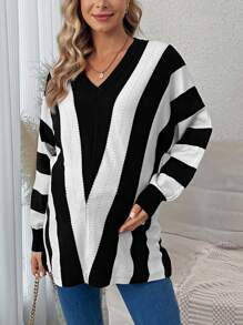SHEIN Maternity Striped Pattern Batwing Sleeve Sweater, For Winter - Black and White - View 4