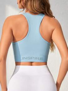 SHEIN Daily&Casual 字母圖案工字運動型胸罩 - 淺藍色 - 查看 1