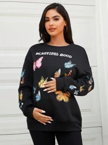 SHEIN 孕婦字母與蝴蝶印花落肩袖套頭衫 - 黑色 - 查看 1