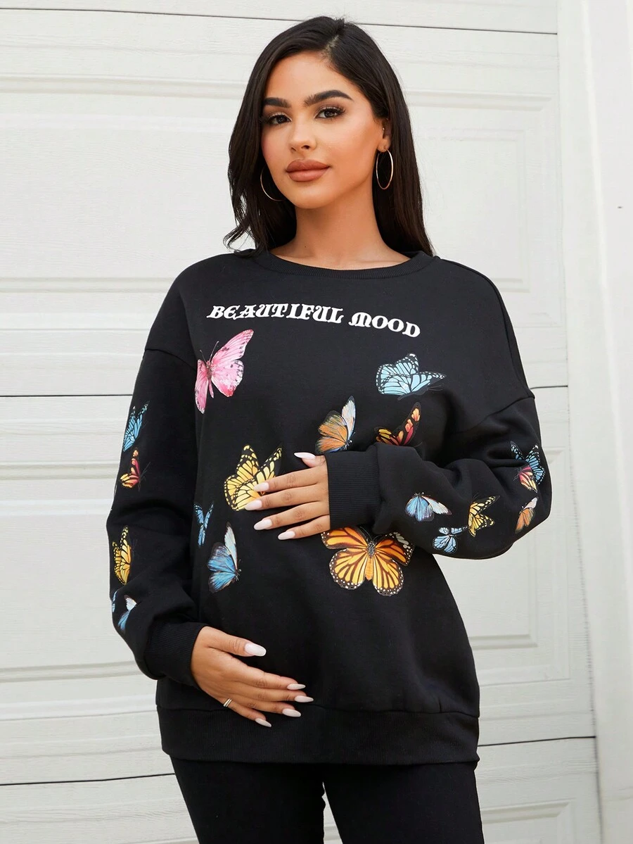 SHEIN 孕婦字母與蝴蝶印花落肩袖套頭衫 - 黑色 - 查看 1