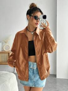 SHEIN EZwear 落肩袖拉鏈開襟PU皮革外套 - 棕色 - 查看 4