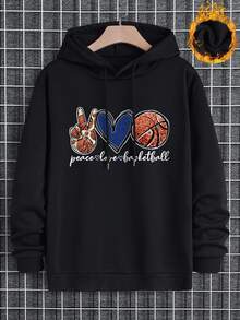 Men Heart & Letter Graphic Drawstring Hoodie - Black - View 4
