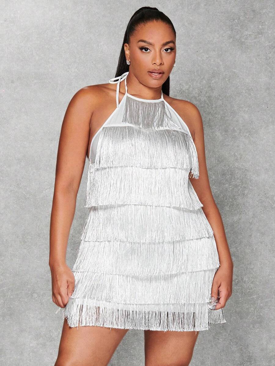 SHEIN BAE 聖誕大碼流蘇邊後背繫帶掛脖洋裝 - 白色 - 查看 1