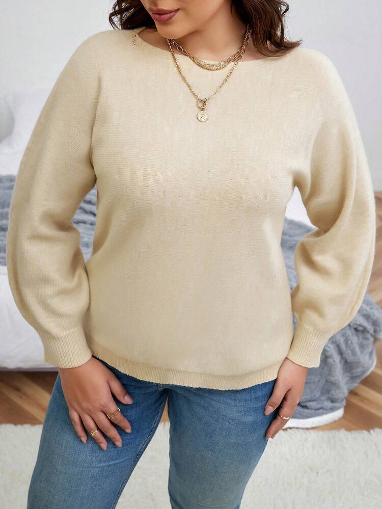 Plus Solid Boat Neck Sweater Knit Pullover Fall Winter Sweater