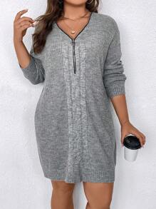 SHEIN Clasi Plus Drop Shoulder Zip Half Placket Sweater Dress, For Winter - Light Grey - View 5