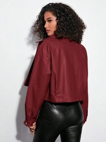 SHEIN EZwear 翻蓋細節落肩袖PU皮革夾克 - 酒紅色 - 查看 2