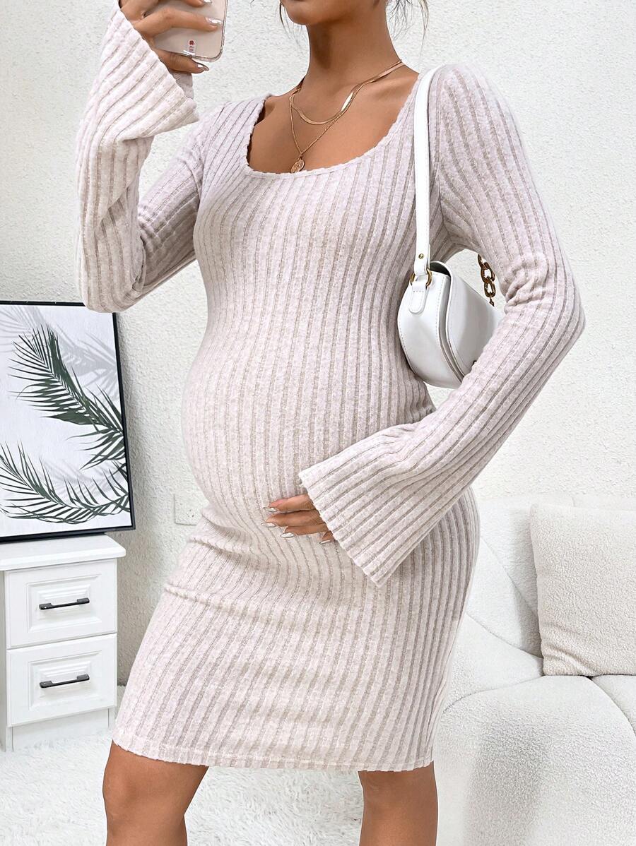 SHEIN 孕婦大圓領條紋針織緊身洋裝 - 卡其色 - 查看 1