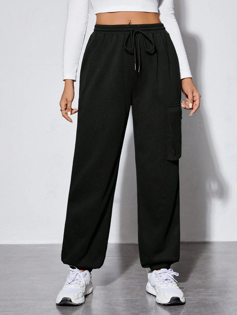 SHEIN PETITE Solid Drawstring Waist Flap Pocket Side Cargo Pants - Black - View 1