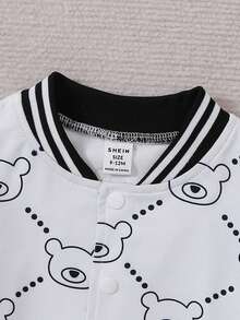 男嬰雙色小熊印花條紋飾邊學院風夾克和運動褲 - 黑與白 - 查看 3