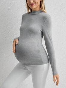 SHEIN 孕婦小高領修身T恤 - 灰色 - 查看 4